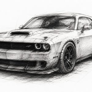 Op de afbeelding: Een zwart-wit schets van een Dodge Challenger sportwagen. De tekening bevat gedetailleerde arceringen en lijnwerk, waarbij de grille aan de voorzijde, ronde koplampen, motorkapopening, brede spatborden en banden in beeld worden gebracht.
