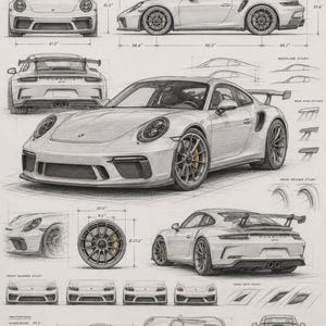 Puede incluir: Un dibujo técnico detallado a grafito de un coche deportivo Porsche GT3, que muestra múltiples ángulos, incluyendo vistas frontal, lateral y trasera. La ilustración presenta líneas de cota con medidas imperiales, estudios de ruedas y bocetos de componentes.