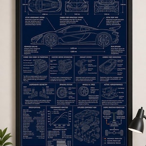 Póster con planos de hipercoches / Arte de ingeniería de superdeportivos exóticos / Esquema técnico de coches de alto rendimiento / Decoración imprimible para garaje / Descarga digital