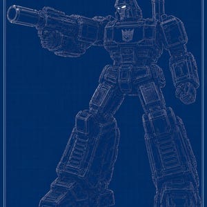 May include: A blue and white technical blueprint illustration of a robotic figure with a blocky, armored frame. The robot features a large cannon attached to its right arm, a helmeted head with glowing eyes, and a Decepticon insignia on its chest.