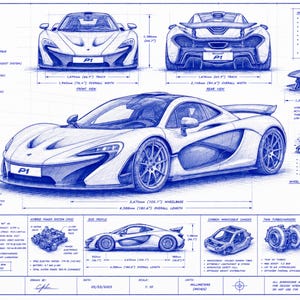 Op de afbeelding: Een blauwe technische blauwdruk van de McLaren P1 hypercar, met voor-, achter- en zijaanzichten, samen met gedetailleerde diagrammen van de motor, het chassis, het remsysteem en aerodynamische componenten, inclusief specifieke afmetingen in millimeters.