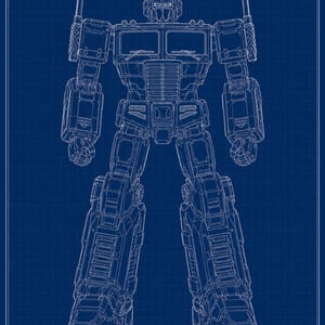 May include: A technical blueprint illustration of a robotic figure with a truck-like cab chest, rectangular limbs, and a helmeted head. The design features white line art on a solid blue grid background, showcasing mechanical details.