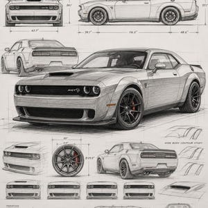 Pode incluir: Um desenho técnico detalhado a grafite de um Dodge Challenger SRT, apresentando vistas frontal, lateral e traseira com dimensões anotadas em polegadas. A ilustração inclui um estudo de roda, esboços de contorno de carroceria e uma vista superior.