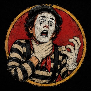 May include: A graphic illustration of a mime wearing a black beret, a black and white striped shirt with black suspenders, and a red neckerchief. The mime has white face paint with black eye markings and is clutching their own throat in distress.
