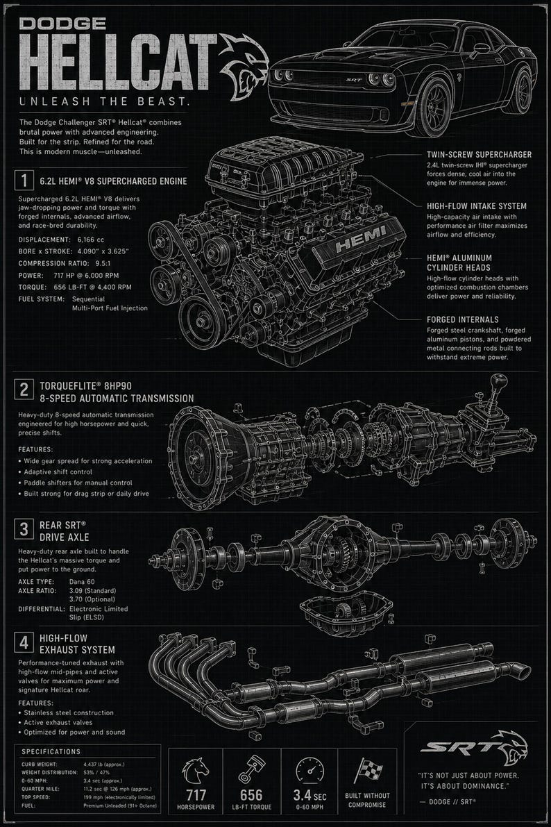 Puede incluir: Un p&oacute;ster t&eacute;cnico de un Dodge Hellcat con motor V8 Hemi de 6,2L, transmisi&oacute;n autom&aacute;tica de 8 velocidades, eje trasero y sistema de escape de alto flujo. El diagrama en blanco y negro incluye especificaciones detalladas, datos y texto.