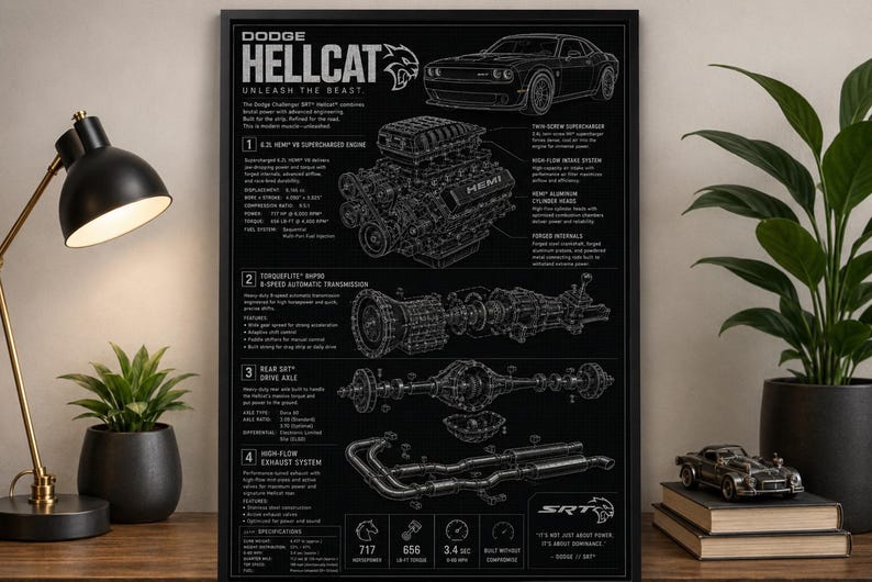Póster con el plano de un motor American Muscle sobrealimentado / Lámina de ingeniería de motores V8 de alto rendimiento / Arte mural automotriz / Descarga digital imagen 1