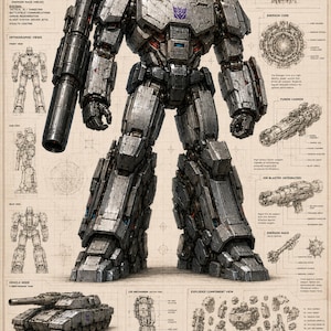 May include: A technical blueprint poster of the character Megatron, featuring a large metallic gray robot with a fusion cannon on its arm, alongside orthographic views, an exploded component view, vehicle mode, and detailed text specifications.