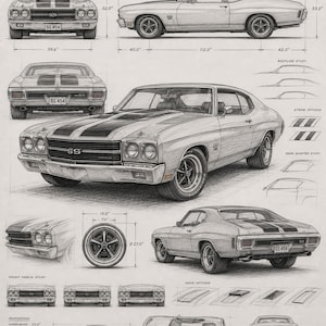 May include: A detailed graphite technical drawing of a Chevrolet Chevelle SS 454, featuring front, side, and rear views with dimension lines, wheel specifications, and design studies including hood and stripe options with measurements in inches.