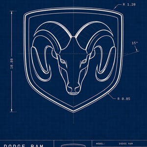 May include: A blue technical blueprint featuring the white line art of a Dodge Ram head logo inside a shield. The document includes dimensions of 9.60 and 10.80, text reading Dodge Ram, Detroit, Michigan, USA, Built to Serve, and Mopar Design.