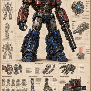 May include: A technical blueprint poster of Optimus Prime, the Autobot Commander, featuring a large central illustration of the red and blue robot, detailed orthographic views, component diagrams, and technical specifications in English text.