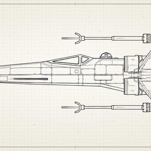 May include: A technical line drawing of a starfighter spacecraft shown from a top-down perspective. The vessel features a long, pointed nose, a central cockpit, and four wings with extended laser cannons, all rendered in black ink on grid paper.