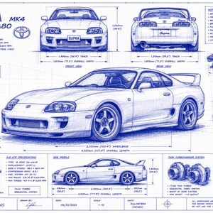 May include: A blue technical blueprint of a Toyota Supra MK4 A80, featuring front, rear, and side views, engine and turbocharger diagrams, wheel details, and technical specifications including dimensions in millimetres and inches.