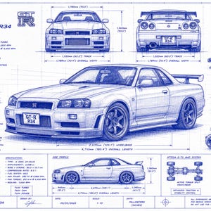 May include: A blue technical blueprint illustration of a Nissan Skyline GT-R R34. The print displays front, rear, and side views, engine specifications, wheel details, and technical annotations with measurements in both millimeters and inches.