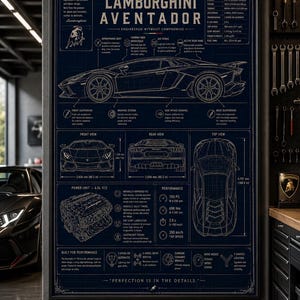 Lámina decorativa con planos de superdeportivos exóticos / Póster de ingeniería de coches deportivos de alto rendimiento / Impresión de esquemas técnicos / Descarga digital