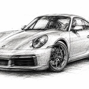 Op de afbeelding: Een zwart-wit schets van een sportwagen met een gestroomlijnde carrosserie, ronde koplampen, een achterspoiler en meerspaaks wielen. De tekening gebruikt dichte, gelaagde potloodstreken om de contouren, schaduwen en mechanische details te definiëren.