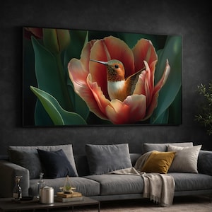Hummingbird Nestled Tulip Canvas, Botanical Wildlife Wall Art, Floral Nature Canvas, Garden Bird Decoration, Ready to Hang Art
