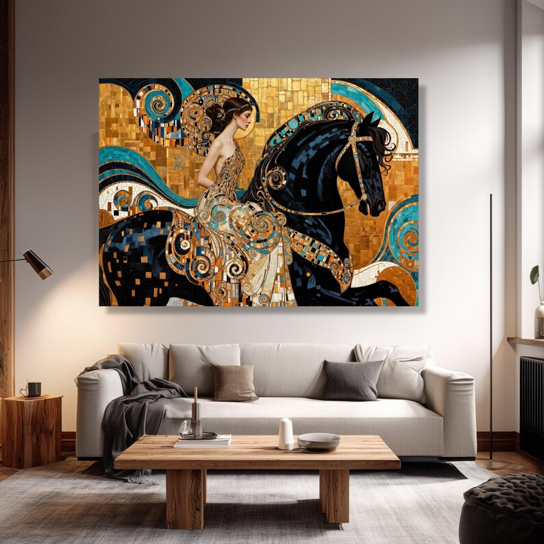 Elegant Woman Riding Black Horse Canvas, Gustav Klimt Style Wall Art ...