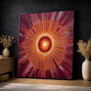 Strålande solsken på canvastavla, varm abstrakt soldesign, vibrerande orangeröd dekor, modern cirkulär canvas, väggdekoration för vardagsrum