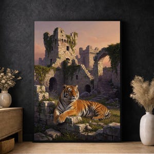 May include: A framed wall art print depicting a tiger resting on stone ruins in front of a weathered stone castle. The scene features overgrown greenery, stone staircases, and an arched entryway under a soft, warm-toned sunset sky.