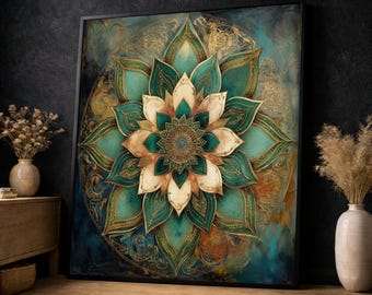 Op de afbeelding: Een ingelijste wandkunstprint met een gedetailleerd mandala-ontwerp. Het kunstwerk toont een teal, goud en crèmekleurig bloemenpatroon tegen een donkerblauwe en gouden achtergrond. Het stuk wordt op een houten vloer getoond.
