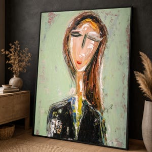 Abstract Female Portrait Canvas Print, Mint Green Wall Art, Modern Figurative Woman Painting Style, Fashion Illustration Decor