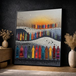 Colorful Figures Holding Hands, Abstract People Canvas, Unity Wall Art, Vibrant Group Painting, Modern Canvas Home Decor
