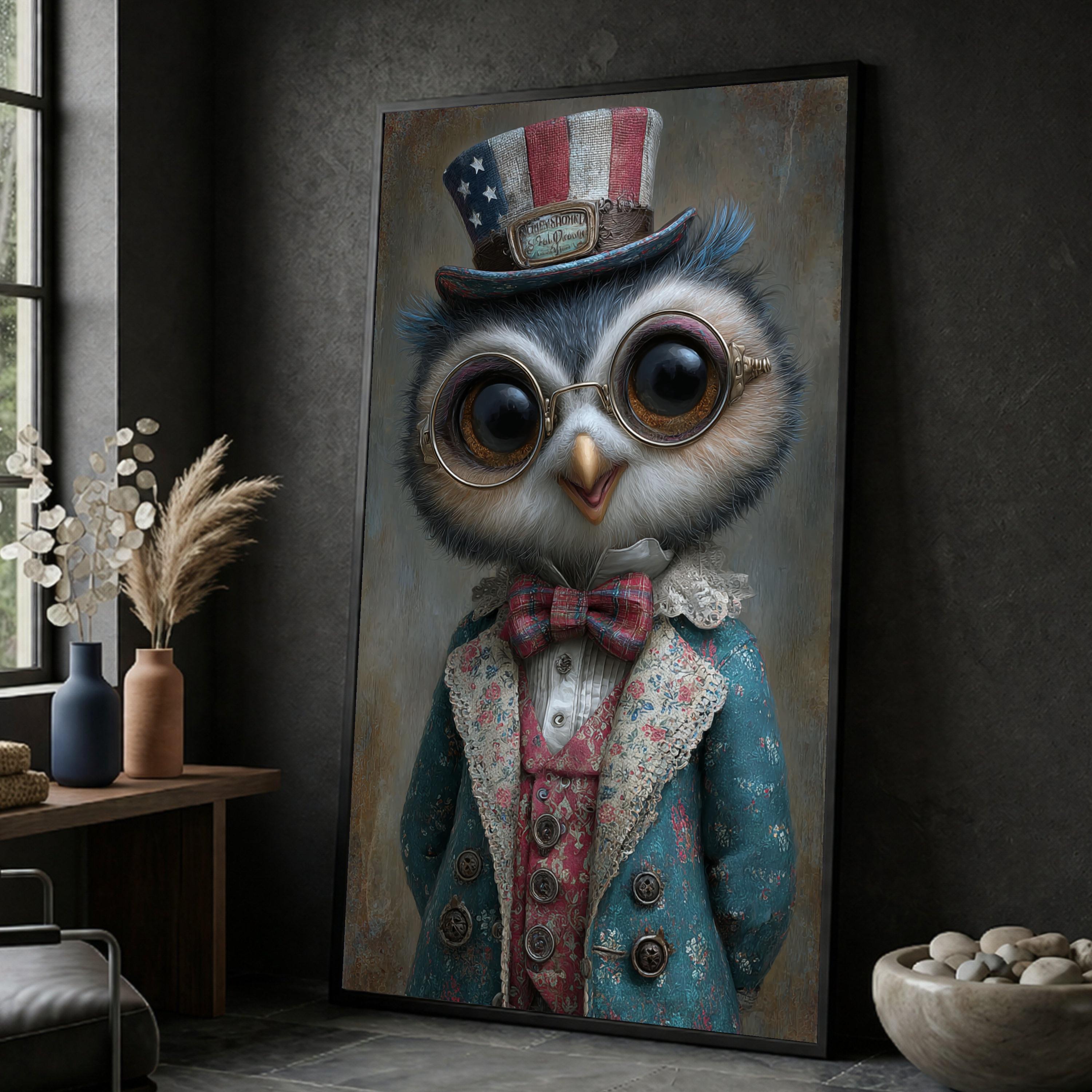 Whimsical Owl Portrait Canvas, Vintage Style Animal Art, Owl with Glasses and Patriotic Hat, Eclecti