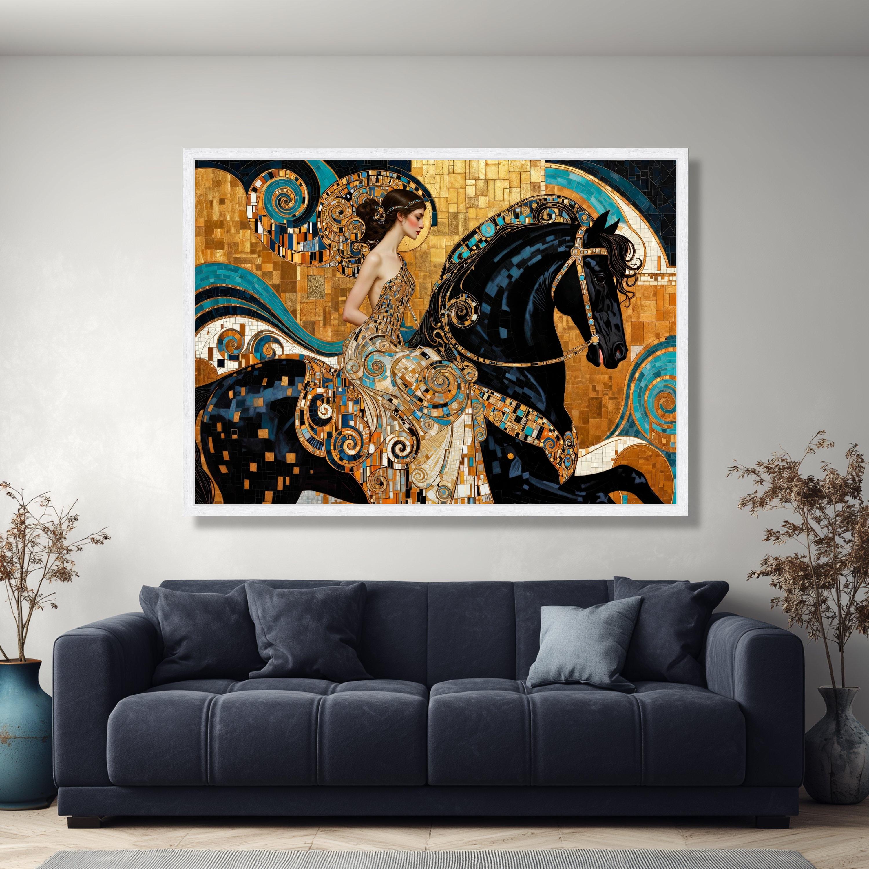 Elegant Woman Riding Black Horse Canvas, Gustav Klimt Style Wall Art ...