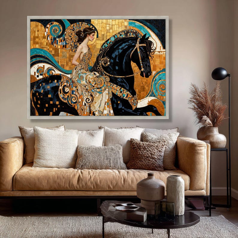Elegant Woman Riding Black Horse Canvas, Gustav Klimt Style Wall Art ...