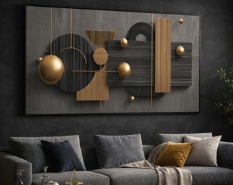 May include: Abstract wall art featuring geometric shapes in black, gold, and gray. The artwork includes circles, rectangles, and spheres, creating a modern, three-dimensional effect. The piece is framed in black and hangs above a gray sofa.