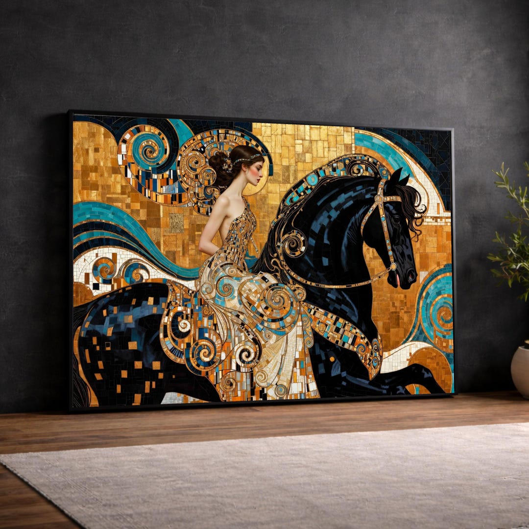 Elegant Woman Riding Black Horse Canvas, Gustav Klimt Style Wall Art ...