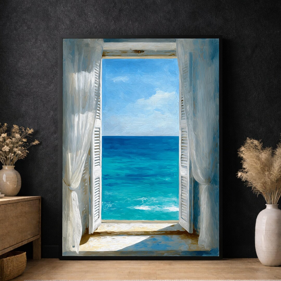 Ocean View Through Open Window Canvas, Coastal Wall Art, Blue Sea ...