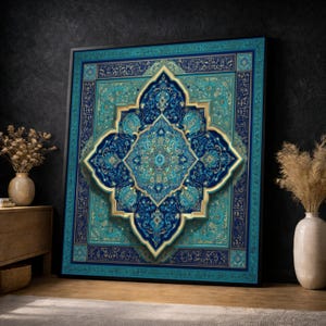 May include: A framed artwork with a detailed, symmetrical design in teal, turquoise, and navy blue, with gold accents. The central medallion shape and ornate patterns create an elegant aesthetic. The artwork is suitable for wall decor.