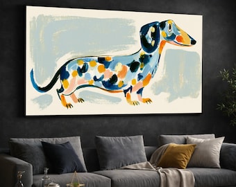 May include: A rectangular wall art print featuring a stylised dachshund illustration. The dog is painted with visible brushstrokes in shades of blue, orange, yellow, and black against a cream background with light blue painted accents.