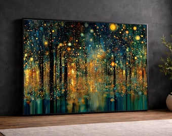 May include: Abstract framed art print depicting a forest scene with tall, dark trees and a vibrant display of yellow and orange lights. The artwork features a mix of teal, blue, and gold colors, creating a dreamy, illuminated effect. The frame is black.