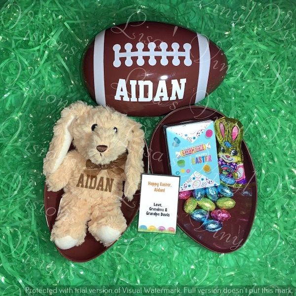 PERSONALIZED CUSTOM FOOTBALL Easter Basket Egg Easter Bunny Plush Stuffed Animal Easter Basket Gift Set Sports Fan Football 8-inch Egg