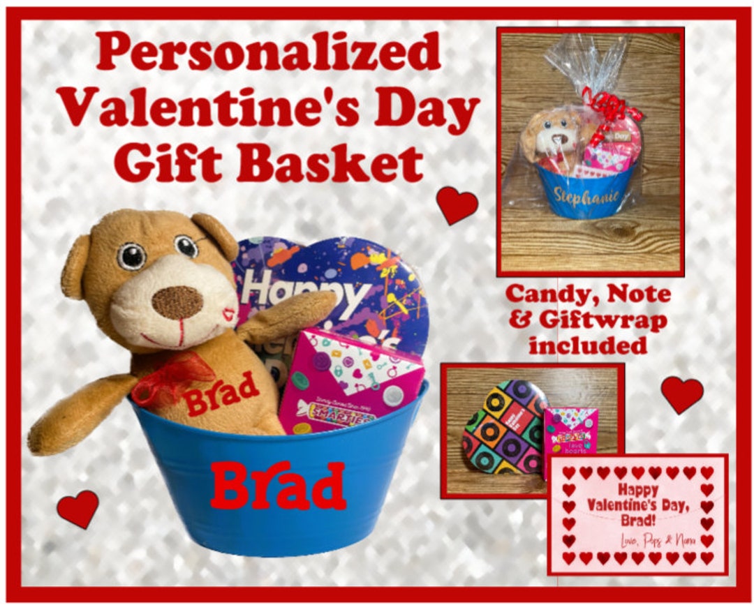 Personalized PLUSH BROWN BEAR With Blue Gift Basket for Valentine's Day ...