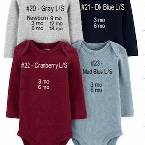 May include: Four long-sleeved baby onesies in different colours: grey, dark blue, cranberry, and light blue. Each onesie has a size and colour label with the text "#20 - Gray L/S", "#21 - Dk Blue L/S", "#22 - Cranberry L/S", and "#23 - Med Blue L/S". The onesies also have size labels with the text "Newborn 9 mo", "3 mo 12 mo", "6 mo 18 mo", "3 mo 6 mo", and "3 mo 6 mo".