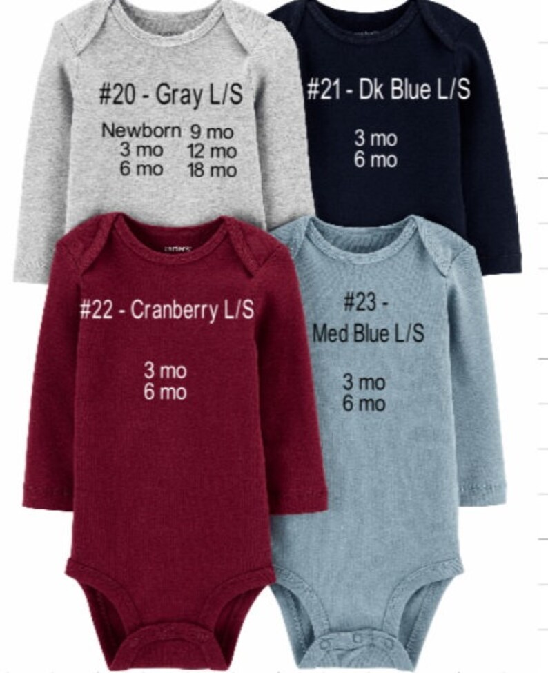 May include: Four long-sleeved baby onesies in different colours: grey, dark blue, cranberry, and light blue. Each onesie has a size and colour label with the text "#20 - Gray L/S", "#21 - Dk Blue L/S", "#22 - Cranberry L/S", and "#23 - Med Blue L/S". The onesies also have size labels with the text "Newborn 9 mo", "3 mo 12 mo", "6 mo 18 mo", "3 mo 6 mo", and "3 mo 6 mo".