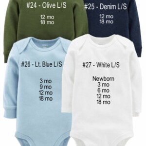 May include: Four long-sleeved baby onesies in different colours: olive green, denim blue, light blue, and white. Each onesie has a number and colour name printed on the front, along with size options: 12 mo, 18 mo, 3 mo, 9 mo, Newborn, 3 mo, 6 mo, 12 mo, and 18 mo.