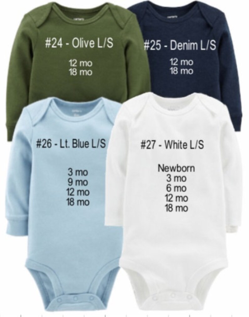 May include: Four long-sleeved baby onesies in different colours: olive green, denim blue, light blue, and white. Each onesie has a number and colour name printed on the front, along with size options: 12 mo, 18 mo, 3 mo, 9 mo, Newborn, 3 mo, 6 mo, 12 mo, and 18 mo.