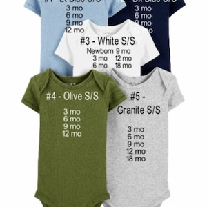 May include: Five baby onesies in different colours and sizes. The onesies are labelled with numbers and colours, including light blue, dark blue, white, olive, and granite. Each onesie has a size and age range printed on it.