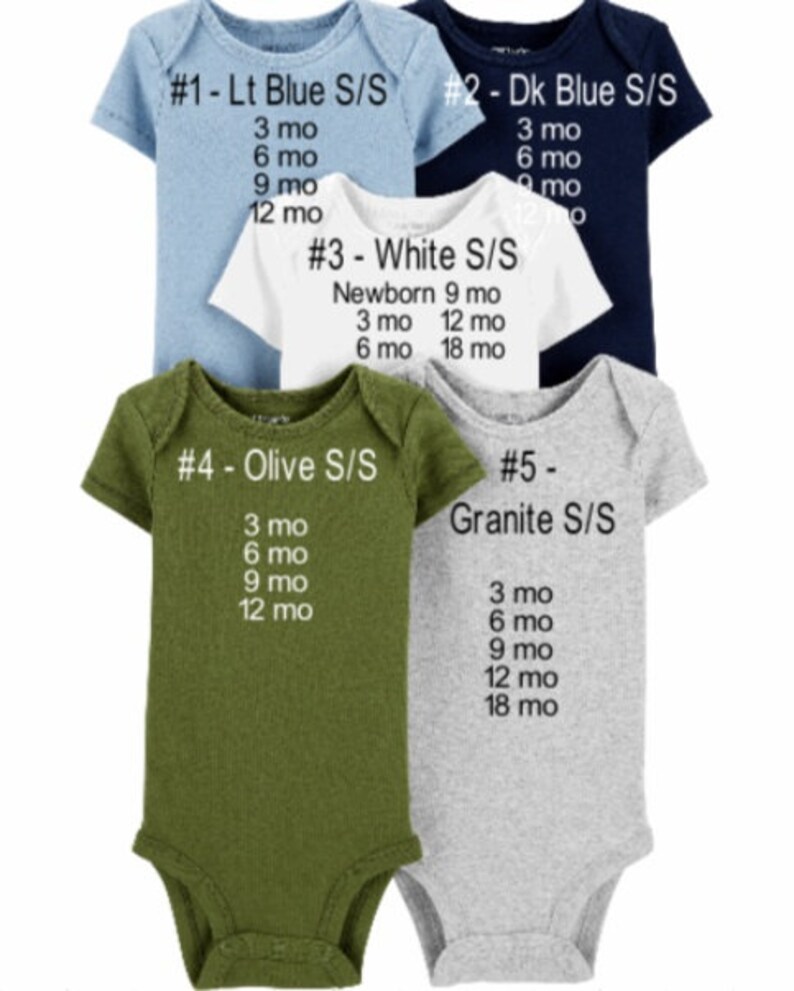 May include: Five baby onesies in different colours and sizes. The onesies are labelled with numbers and colours, including light blue, dark blue, white, olive, and granite. Each onesie has a size and age range printed on it.