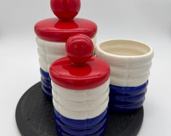 VINTAGE ERESCO Japan Red White Blue Ceramic Canister Set 3 Piece