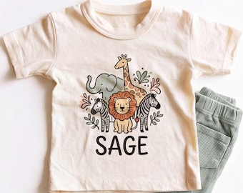 Personalized Safari Animals Kids Shirt - Custom Name Cute Jungle Toddler Tee