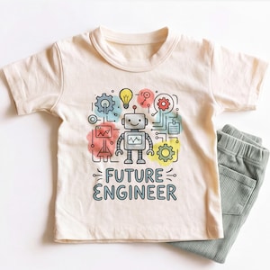 May include: A cream-colored short-sleeve t-shirt featuring a central graphic of a gray robot surrounded by colorful watercolor-style splotches, gears, a lightbulb, and circuit lines. The text "FUTURE ENGINEER" is printed in black below the robot.