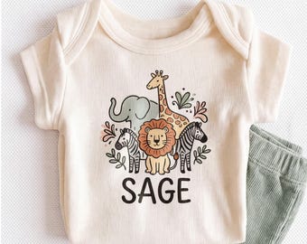 Personalized Safari Animals Baby Onesie - Custom Name Cute Jungle Bodysuit