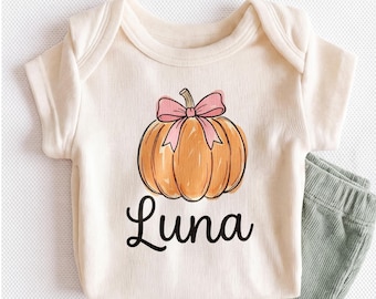 Personalized Pumpkin Pink Bow Baby Onesie - Custom Cute Fall Girl Bodysuit