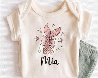 Personalized Mermaid Tail Baby Onesie - Custom Pink Mermaid Bow Bodysuit