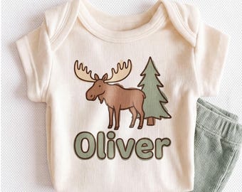 Personalized Moose Baby Onesie - Custom Woodland Camping Bodysuit